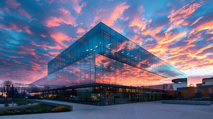 Modern glass building with colorful sky reflection
