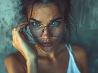 Young brunette woman taking off big eyeglasses and rubbing sore eyes, feeling tension and headache,...