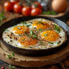 Fried eggs in a frying pan on wooden table. Made with generative ai