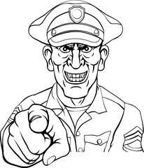 A policeman police officer looking mean and pointing at the viewer
