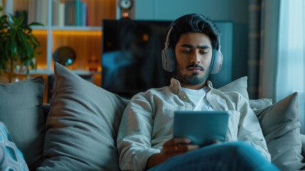 Young Indian man sit at desk wear wireless headphones greets teacher start video call lesson to gain new knowledge, learn language, studying online, using laptop and modern videoconference application