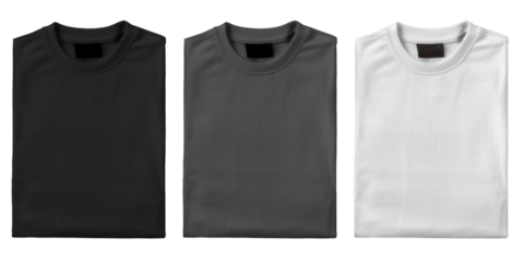 Set of Black, grey, and white folded t-shirt, stacked on transparent background cutout, PNG file. Mockup template for artwork graphic design