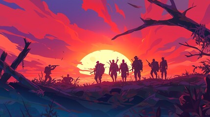 A group of survival silhouettes with sunset. Amazing anime illustration suitable for desktop wallpaper. 
