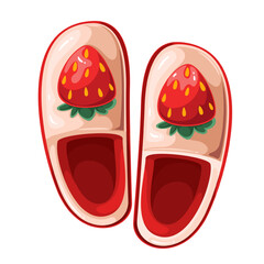 Cute home slippers with cartoon red strawberry on top. Funny fluffy footwear with berry decoration, pajama party accessory and costume mascot, cartoon above view of cozy slippers vector illustration