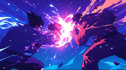 Epic Anime Martial Arts Battle. Amazing anime illustration suitable for desktop wallpaper. 