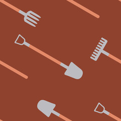 Hand drawn shovels and rakes seamless pattern. Perfect print for paper, textile and fabric. Simple vector illustration for decor and design.