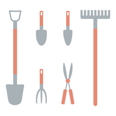 Hand drawn garden inventory clipart collection. Summer gardening tools flat set. Vector illustration isolated on white background.