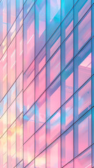 Modern glass building with colorful sky reflection