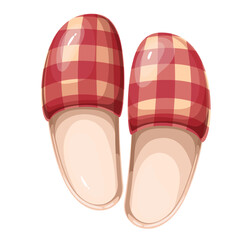 Home slippers with checkered pattern, cartoon male shoes. Funny cozy two slippers of man with retro gingham texture, cartoon top view of footwear with tartan geometric print vector illustration