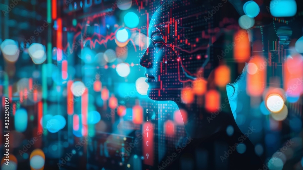 Aufkleber market trading stock index number and graph on black blue digital technology