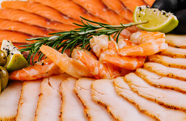 Assorted seafood platter with smoked salmon and shrimp