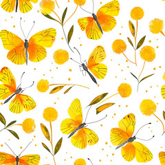 Bright pattern with yellow butterflies and flowers on a white background, creating a cheerful and vibrant seamless design, perfect for lively decorative projects