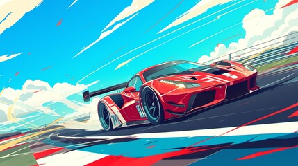 Red Sports Car Racing on Track. Amazing anime illustration suitable for desktop wallpaper. 