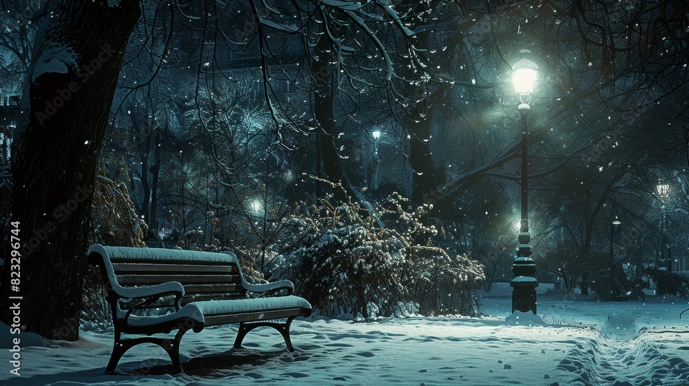 Wall mural snow-covered bench in the park at night, realistic winter scene with peaceful ambiance