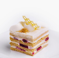 Elegant layered dessert on white plate