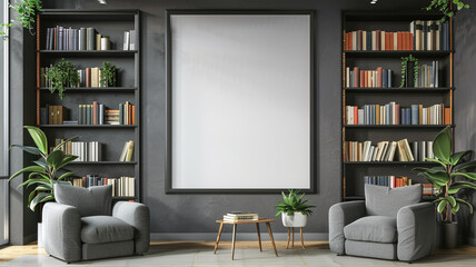 A mockup of an empty black frame on the wall in a modern reading room with armchairs and bookshelves