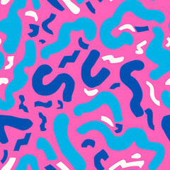 Playful abstract pattern with blue and white squiggles on a vibrant pink background, creating a fun and lively seamless design, ideal for youthful and creative projects