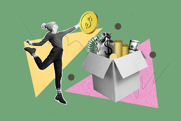 Creative image collage young happy joyful girl ballet dancer carton box delivery money golden coins...