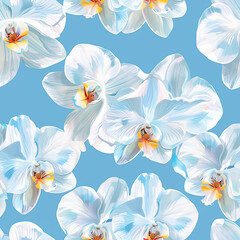 Orchid pattern with white flowers and yellow centers on a blue background, creating a fresh and sophisticated seamless design, perfect for elegant decorative projects