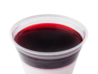 Layered berry panna cotta in plastic cup isolated on white