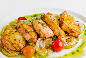 Grilled chicken breast with roasted vegetables plate