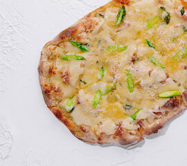 Gourmet asparagus pizza on white background