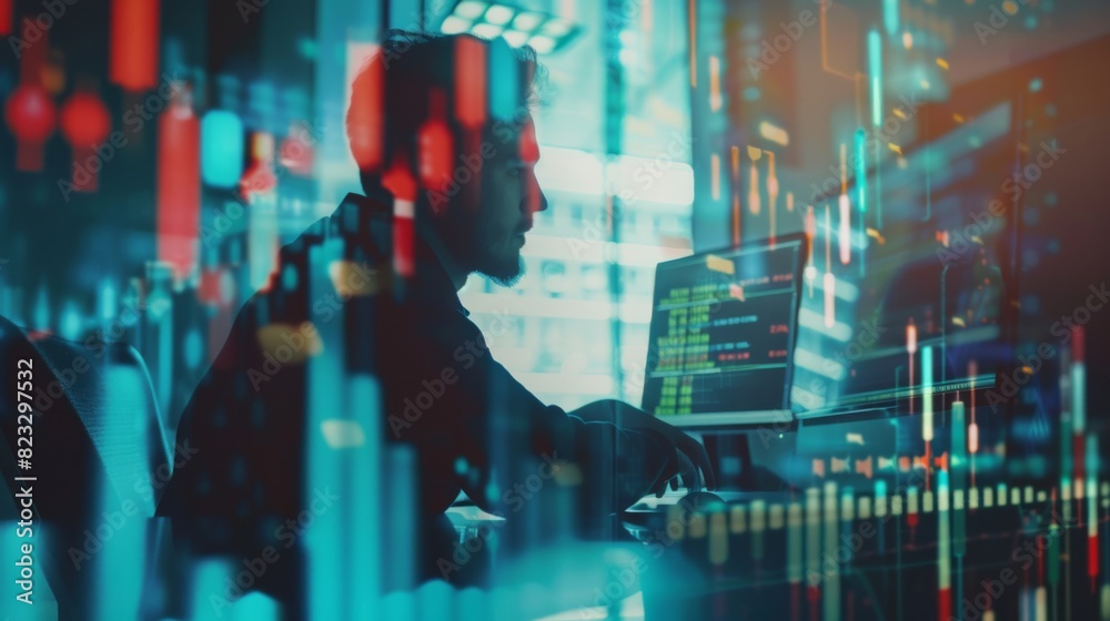 Aufkleber Multi exposure of market chart with man working on computer