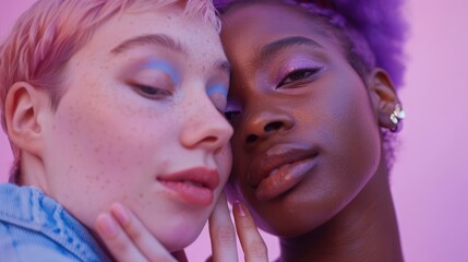 Obraz premium Two stylish adolescents, exuding confidence and authenticity, are depicted in a close-up shot reminiscent aesthetics, showcasing their unique fashion sense and identity