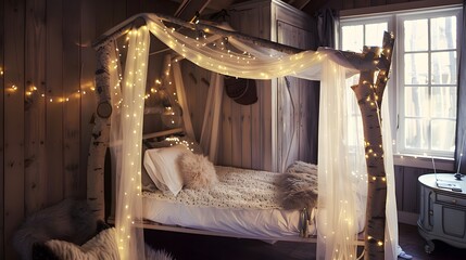 Cozy, rustic bedroom adorned with fairy lights, featuring a wooden canopy bed with sheer curtains in a warmly lit, cabin-like setting.
