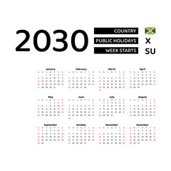Calendar 2030 English language with Jamaica public holidays. Week starts from Sunday. Graphic design vector illustration.