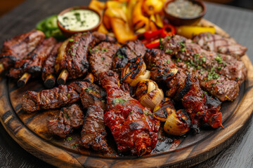 Wooden plate with Turkish mixed grilled meat, chicken wings, lamb, beef kebab, kebab, peppers on...