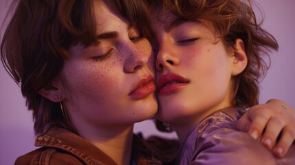 Obraz premium A cinematic close-up of two fashionable gay teenagers, evoking the spirit, locked in a tender embrace against a muted purple pastel background, portraying love,