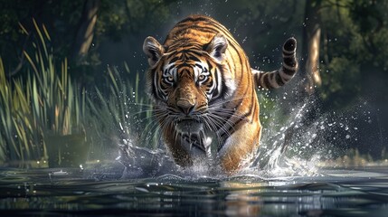 Siberian tiger, action wildlife scene with dangerous animal. Generative Ai
