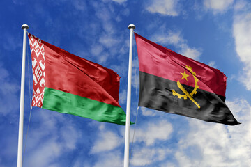 3d illustration. Belarus and Angola Flag waving in sky. High detailed waving flag. 3D render. Waving in sky. Flags fluttered in the cloudy sky.