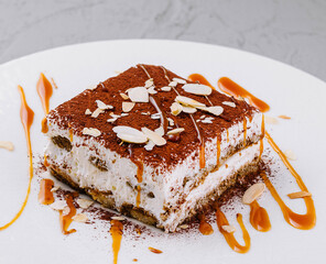 Delectable tiramisu with caramel drizzle