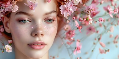 Blooming with Youth: A Girl Adorned with Flowers in Pastel-Coiffed Hair Symbolizing Spring's Vibrance. Concept Portrait Photography, Floral Adornments, Spring Aesthetics, Hair Accessories
