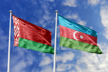 3d illustration. Belarus and Azerbaijan Flag waving in sky. High detailed waving flag. 3D render. Waving in sky. Flags fluttered in the cloudy sky.