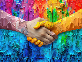 Obraz premium Pride month concept with Unity in Handshake: A handshake painted in rainbow colors, symbolizing solidarity and support within the LGBTQ+ community.