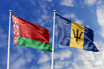 3d illustration. Belarus and Barbados Flag waving in sky. High detailed waving flag. 3D render. Waving in sky. Flags fluttered in the cloudy sky.