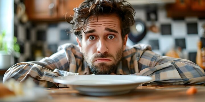 Impoverished man with empty plate pleads for nourishment in closeup image. Concept Poverty, Hunger, Charity, Social Issues, Sadness