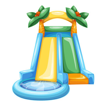 Water slide with round pool and cartoon palm trees on top. Inflatable waterslide with two chutes, summer fun activity in water park mascot, cartoon aquapark toy equipment vector illustration