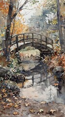Beautiful watercolor painting of a wooden bridge over a tranquil stream in an autumn forest landscape, featuring vibrant fall colors.