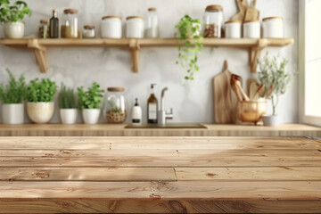 Wooden table top for product display on kitchen modern interior background 
