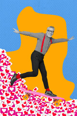Fototapeta premium Trend artwork composite sketch photo collage of love like heart banner reaction social media aged active hipster man ride skateboard