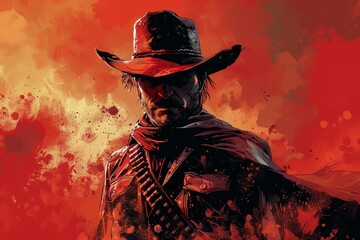 Dramatic cowboy painting with intense red background, man in hat and bandana, evoking old west cinematic style and wild west adventures.