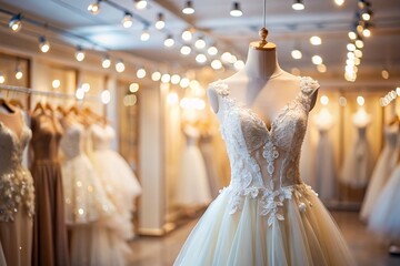 Rental and purchase of wedding dresses for events. Close-up. Elegant white wedding dress on a mannequin in a luxury bridal salon store.