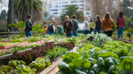 Urban Community Garden Project with Volunteers Gardening Together. Generative ai