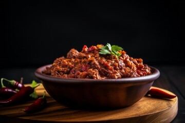 Juicy chili con carne on a wooden board against a minimalist or empty room background