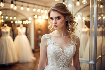Naklejka premium Rental and purchase of wedding dresses for events. Close-up. A beautiful girl, nevesna, tries on an elegant white wedding dress in a luxury bridal salon store.