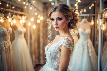 Naklejka premium Rental and purchase of wedding dresses for events. Close-up. A beautiful girl, nevesna, tries on an elegant white wedding dress in a luxury bridal salon store.